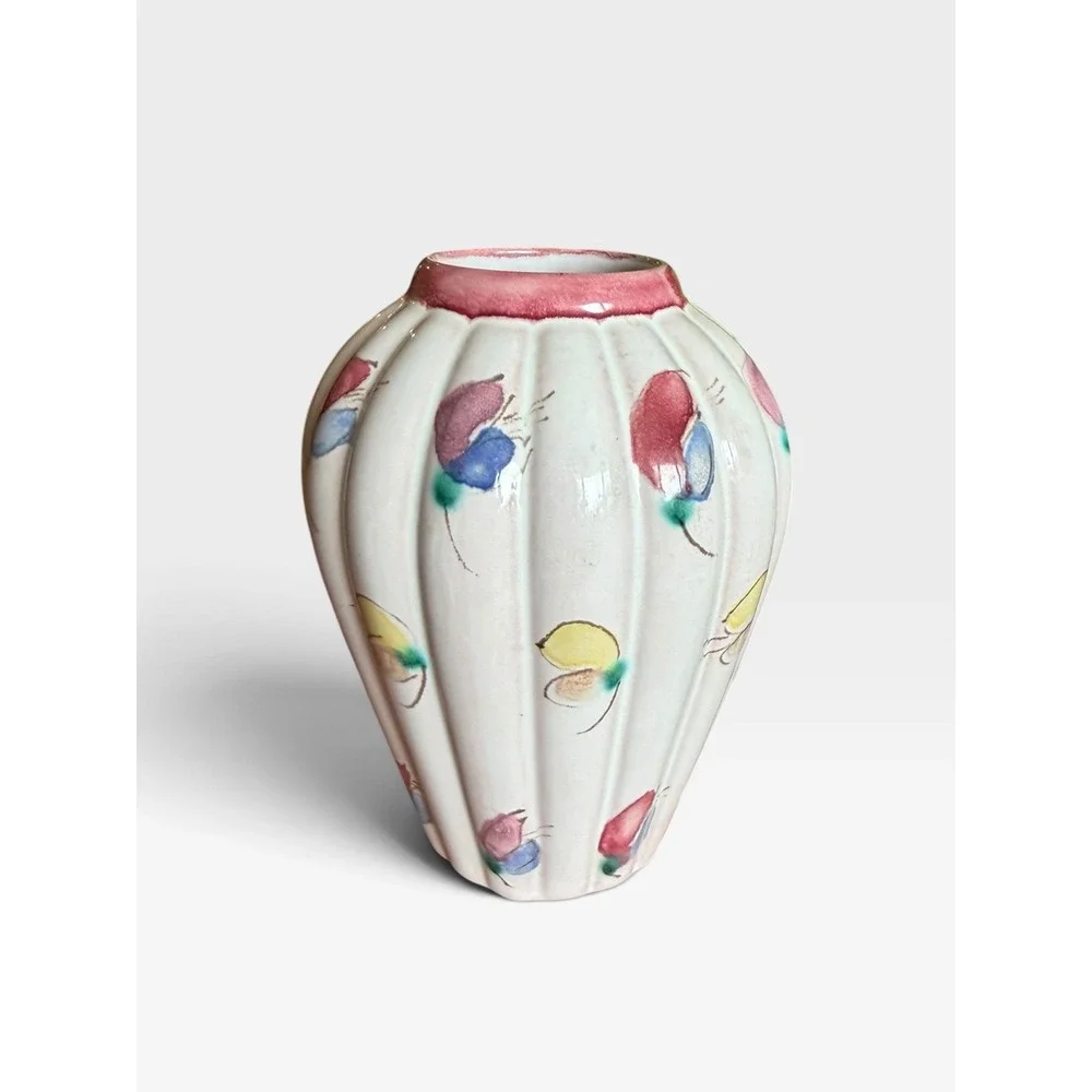 Vintage Arabia Finland ARA Art Pottery Hand Painted Floral Ribbed Vase Finnish